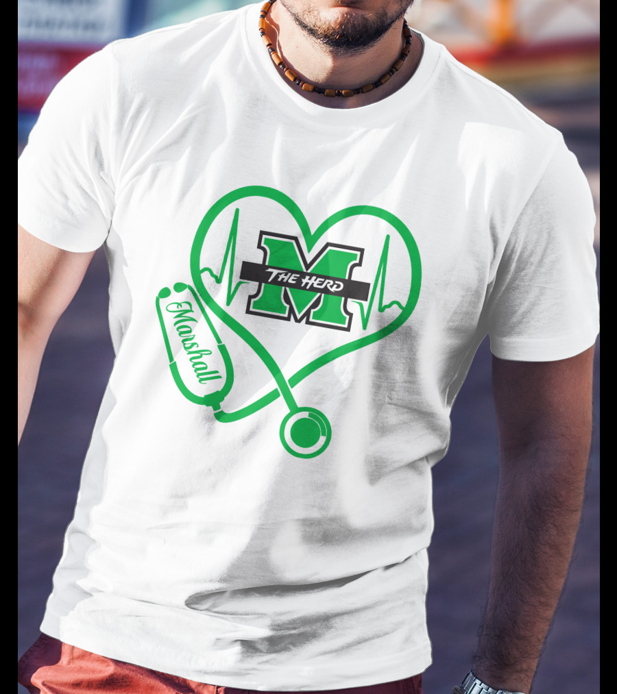 Marshall Thundering Herd Nurse Love Heartbeat Stethoscope T-Shirt