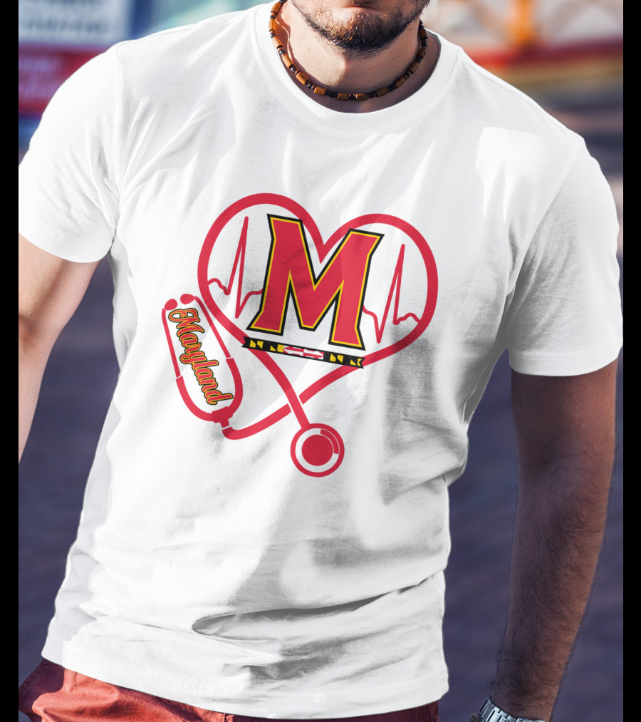 Nurse Love Maryland Terps Heartbeat Stethoscope T-Shirt