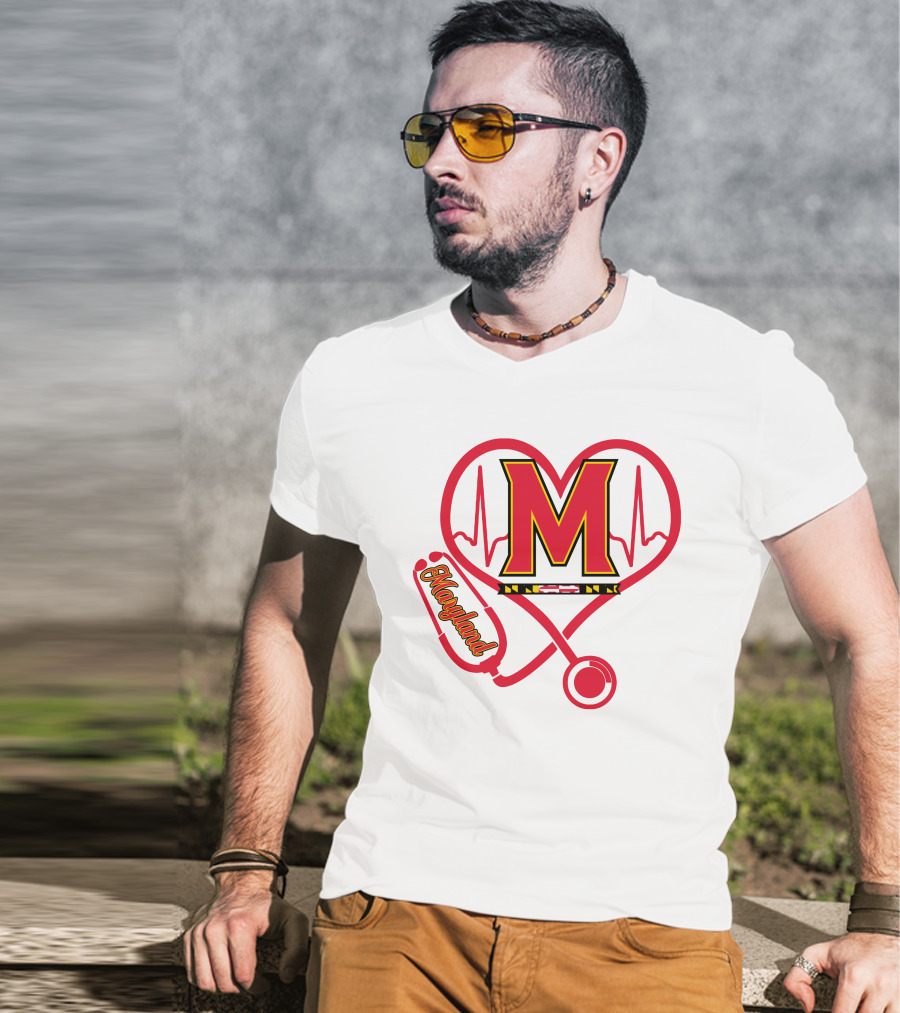 Nurse Love Maryland Terps Heartbeat Stethoscope T-Shirt