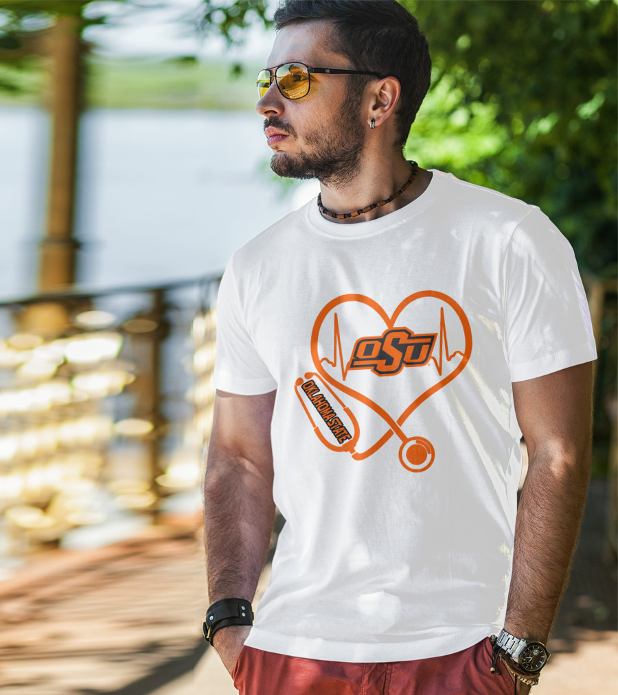 Oklahoma State Cowboys Nurse Love Heart Stethoscope T-Shirt