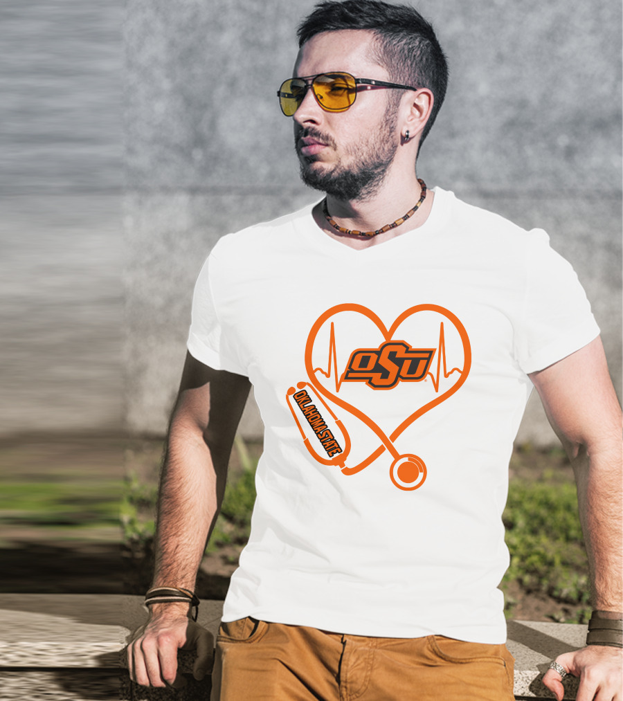 Oklahoma State Cowboys Nurse Love Heart Stethoscope T-Shirt