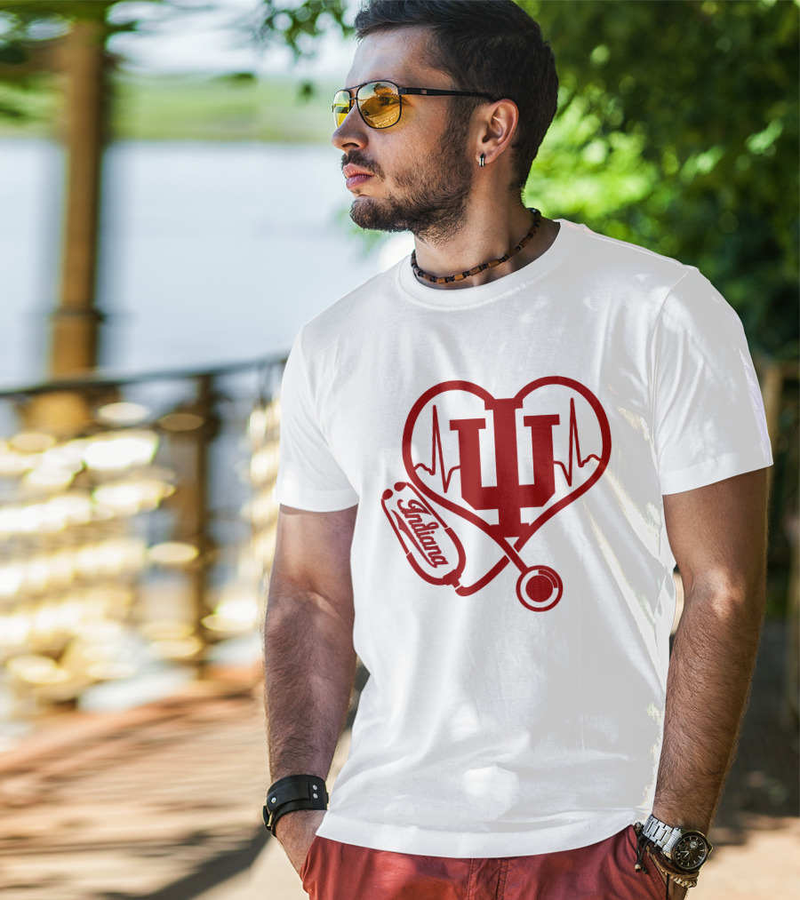 Indiana University Nurse Love Hoosiers Stethoscope Heartbeat T-Shirt