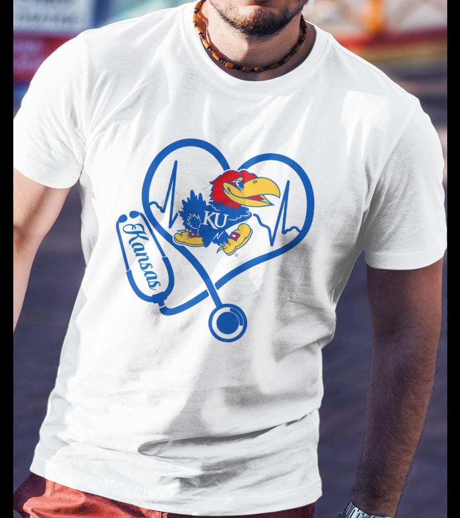 Nurse Love Kansas Jayhawks Heartbeat Stethoscope KU T-Shirt
