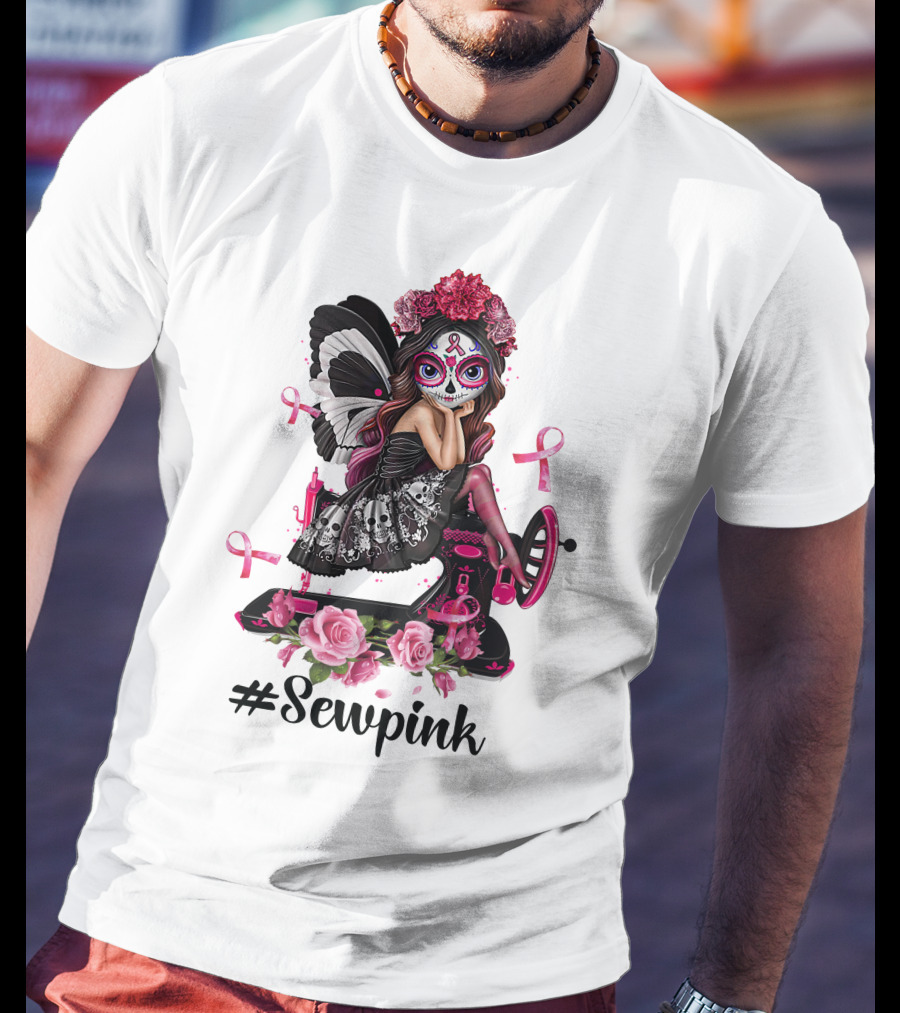 Sewpink Butterfly Sugar Skull Sewing Machine Ribbon Roses T-Shirt