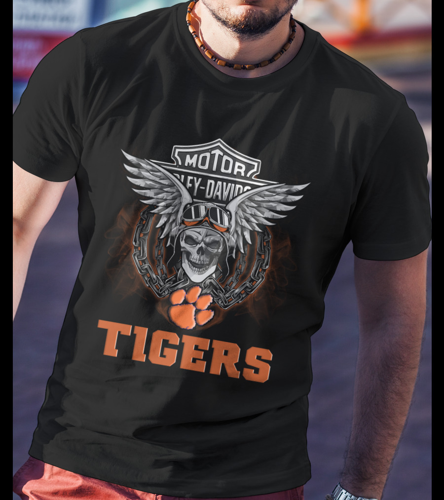 Harley Davidson Motor Clemson Tigers Wings Skull T-Shirt