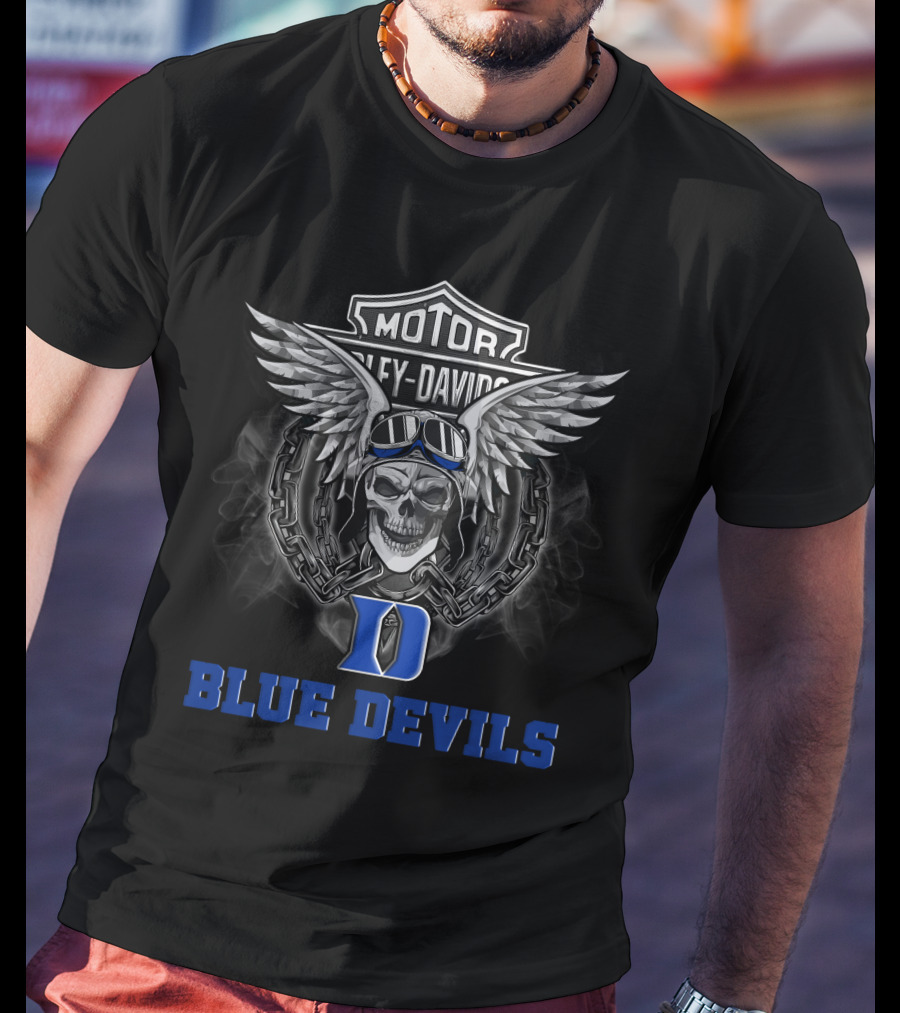 Ncaa Duke Blue Devils Harley Davidson Skull Wings Chains T-Shirt