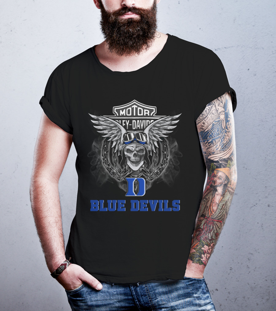 Ncaa Duke Blue Devils Harley Davidson Skull Wings Chains T-Shirt