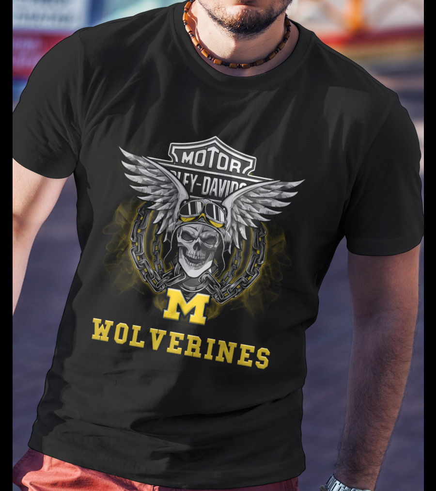 Harley Davidson Motor Michigan Wolverines Skull Wings Goggles M T-Shirt