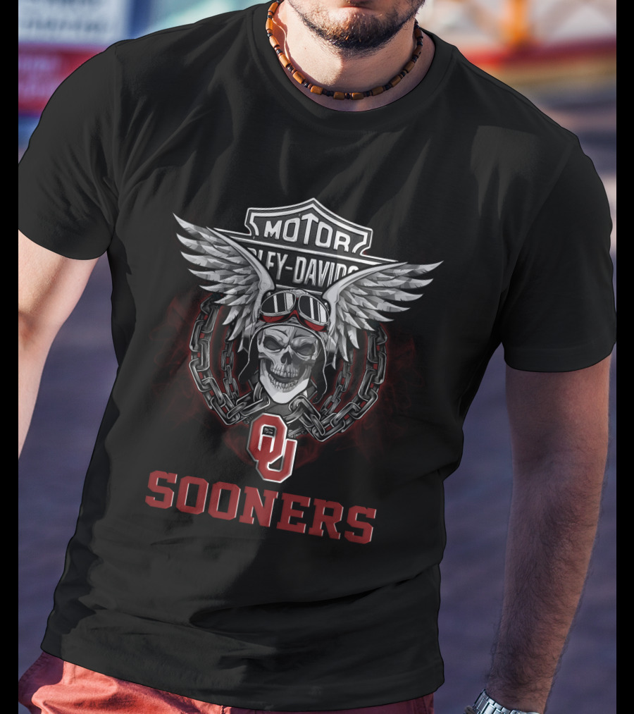 Harley Davidson Motor Oklahoma Sooners Skull Wings Goggles Chains T-Shirt