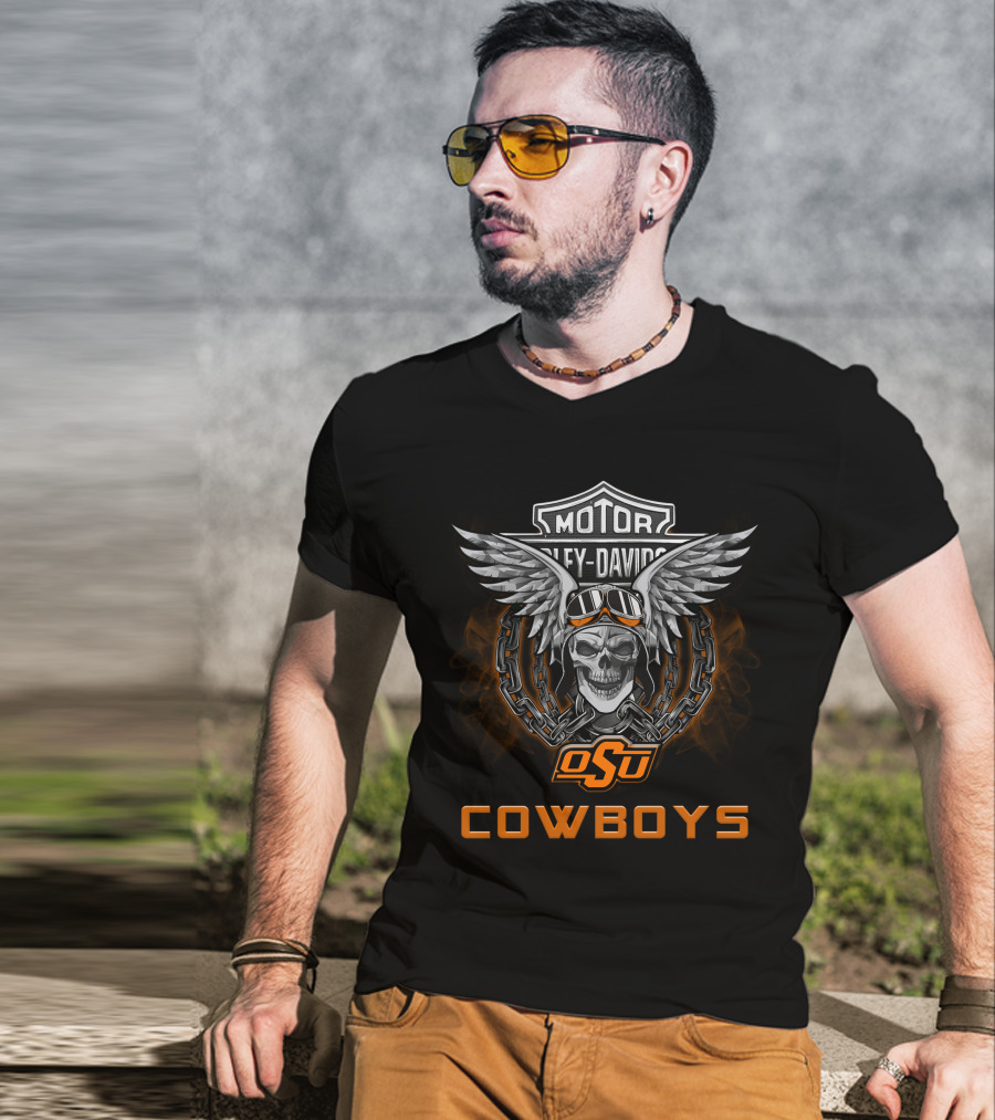 Harley Davidson Osu Cowboys Skull And Wings Graphic Motor T-Shirt