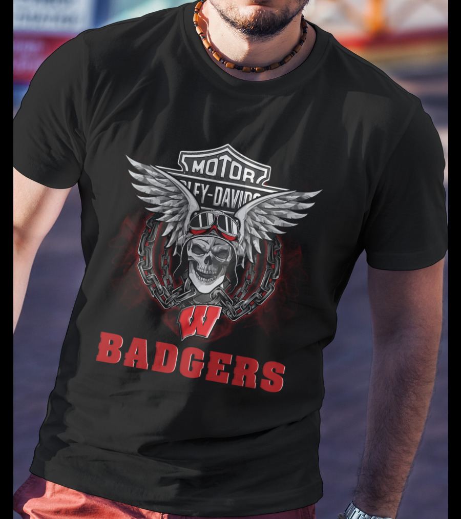 Harley Davidson Motor Skull Wing Wisconsin Badgers T-Shirt
