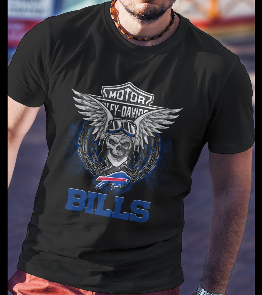 Harley Davidson Buffalo Bills Nfl Biker Skull Wings T-Shirt