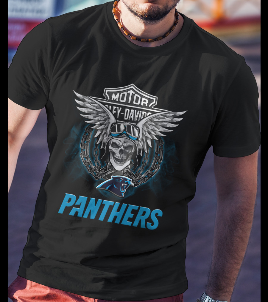 Harley Davidson Motor Skull Wings Chain Goggles Carolina Panthers T-Shirt