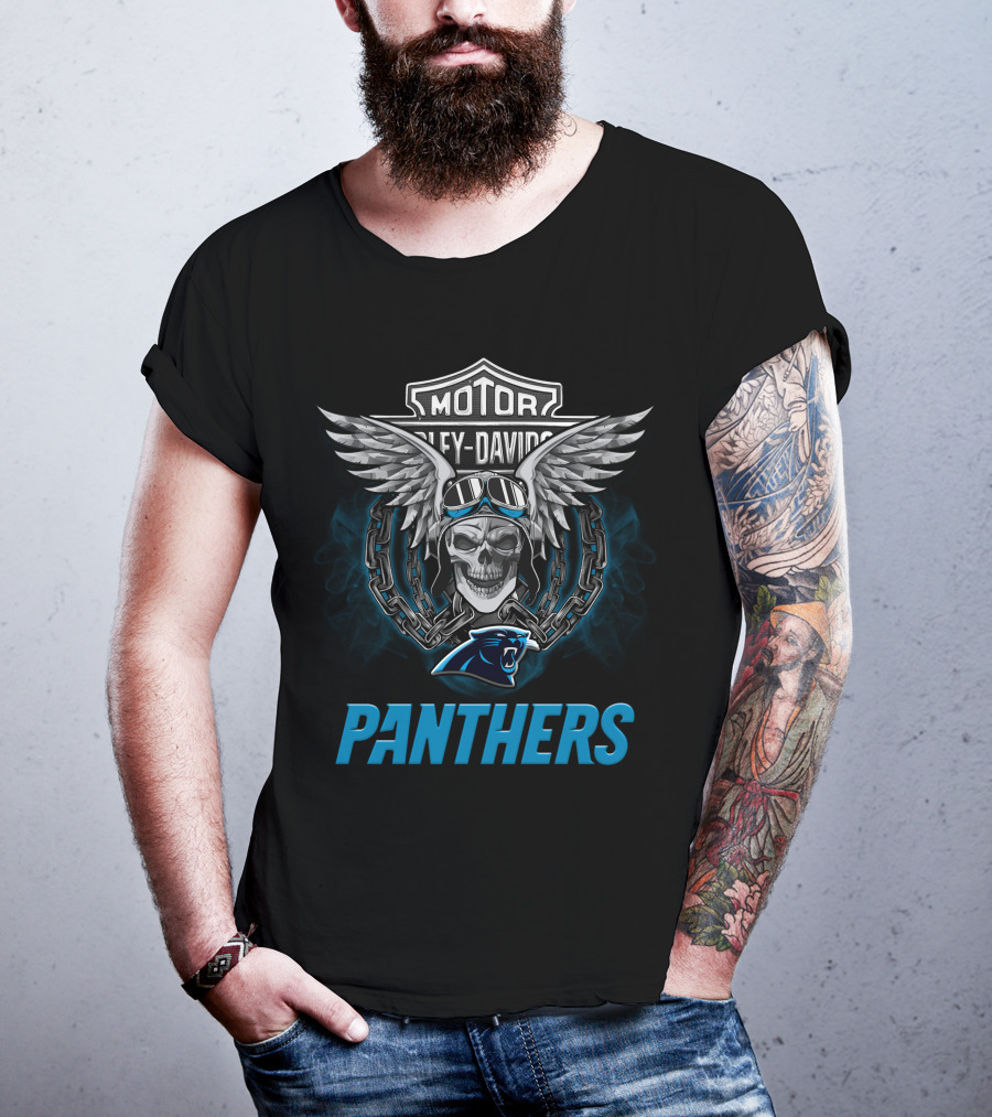 Harley Davidson Motor Skull Wings Chain Goggles Carolina Panthers T-Shirt