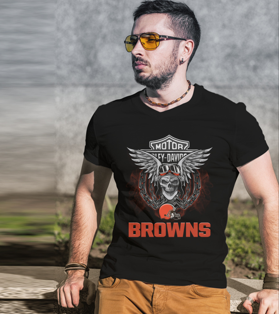 Harley Davidson Motorcycle Biker Skull Wings Nfl Cleveland Browns T-Shirt