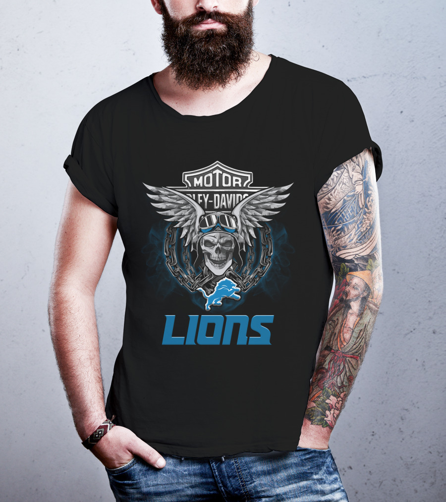 Harley Davidson Motor Detroit Lions Biker Skull Wings Nfl T-Shirt