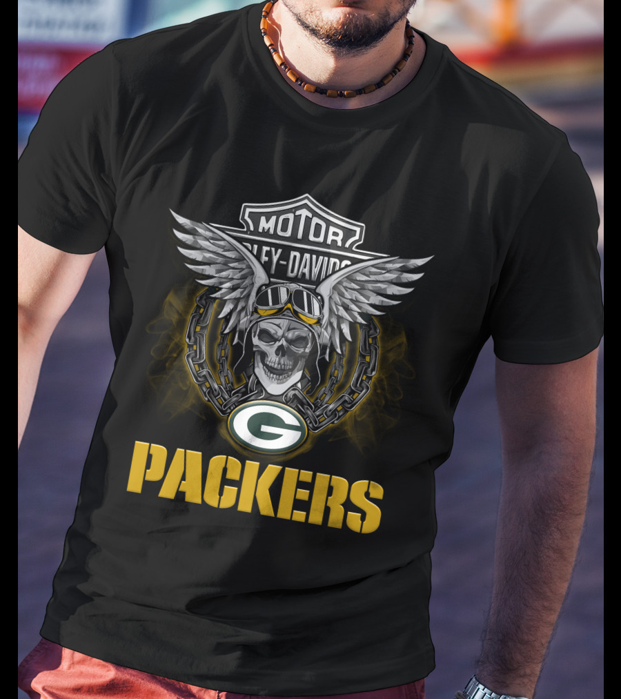 Harley Davidson Motor Skull With Winged Goggles And Nfl Green Bay Packers T-Shirt