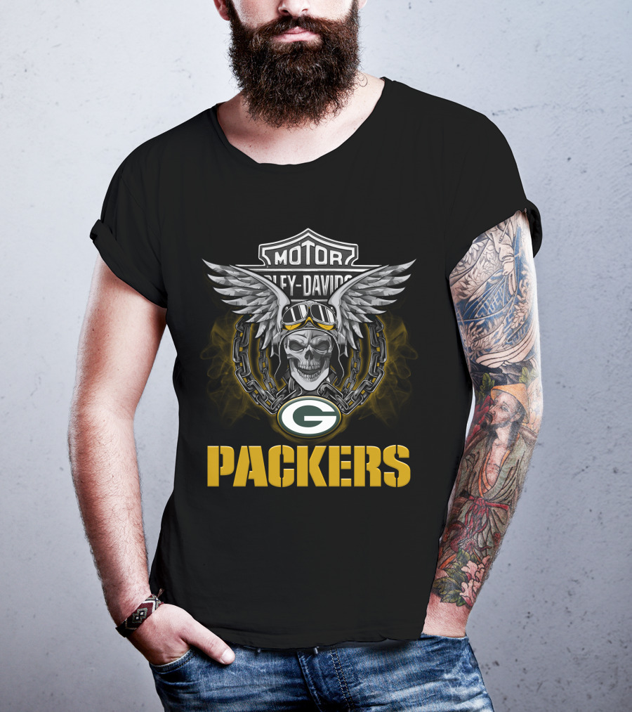 Harley Davidson Motor Skull With Winged Goggles And Nfl Green Bay Packers T-Shirt