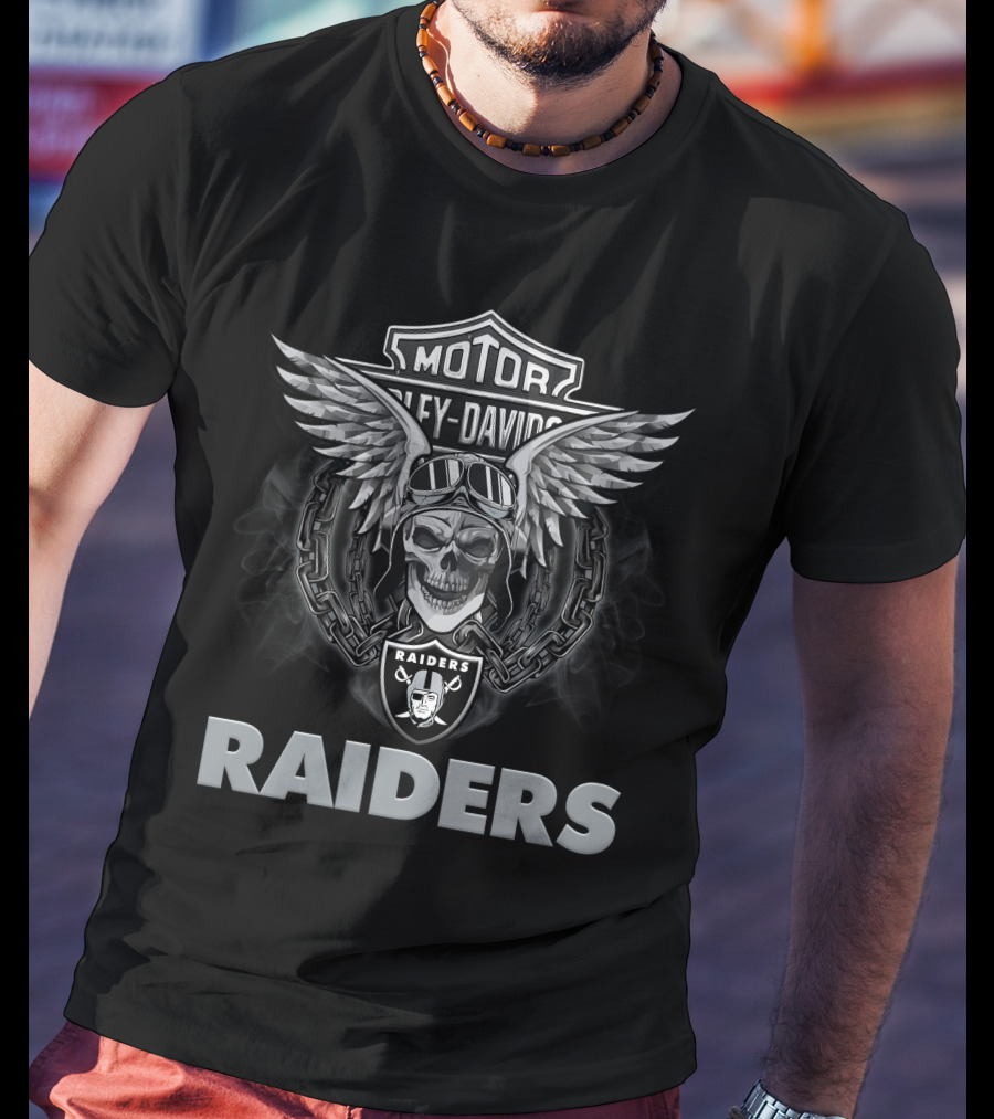 Harley Davidson Motor Skull Wings Biker Nfl Las Vegas Raiders T-Shirt