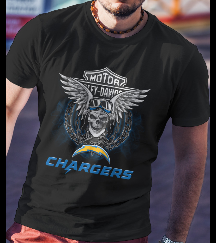 Harley Davidson Motor Motorcycle Wings Skull Chain Nfl Los Angeles Chargers T-Shirt