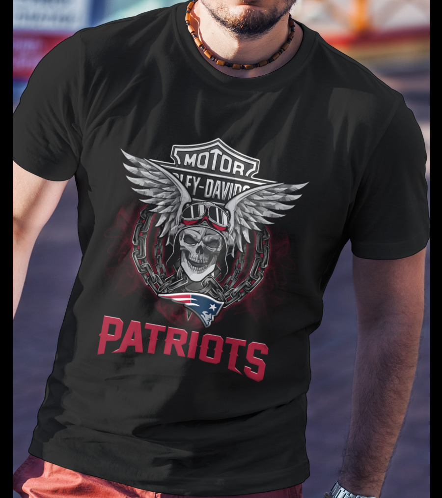 Harley Davidson Motor Skull Wings Chains Goggles Nfl New England Patriots T-Shirt