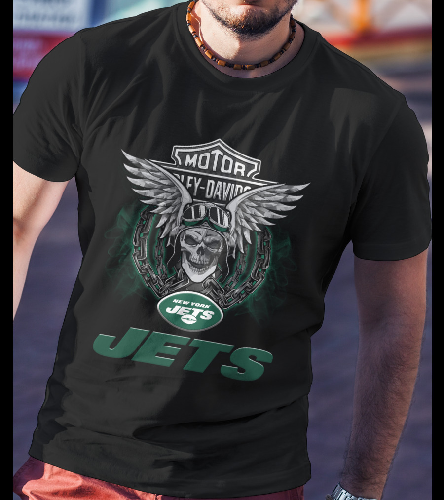 Harley Davidson Motorcycle Biker Skull With Wings Nfl New York Jets T-Shirt