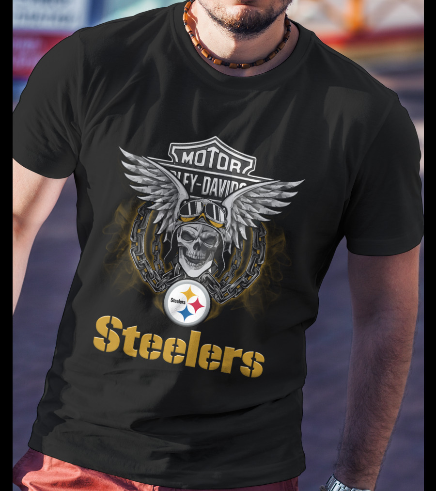 Harley Davidson Motorcycle Biker Skull Wings Steelers Nfl Pittsburgh Steelers T-Shirt