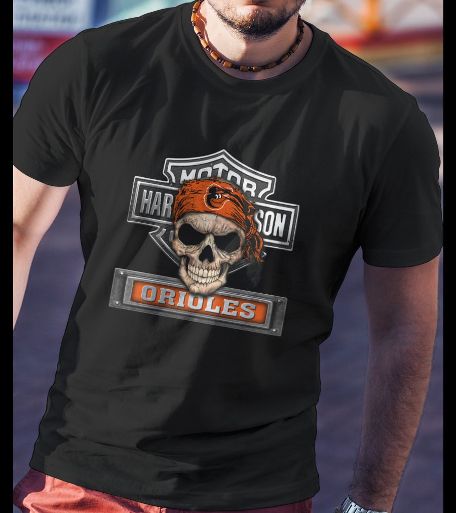 Harley Davidson Motorcycle Skull Bandana Orioles T-Shirt