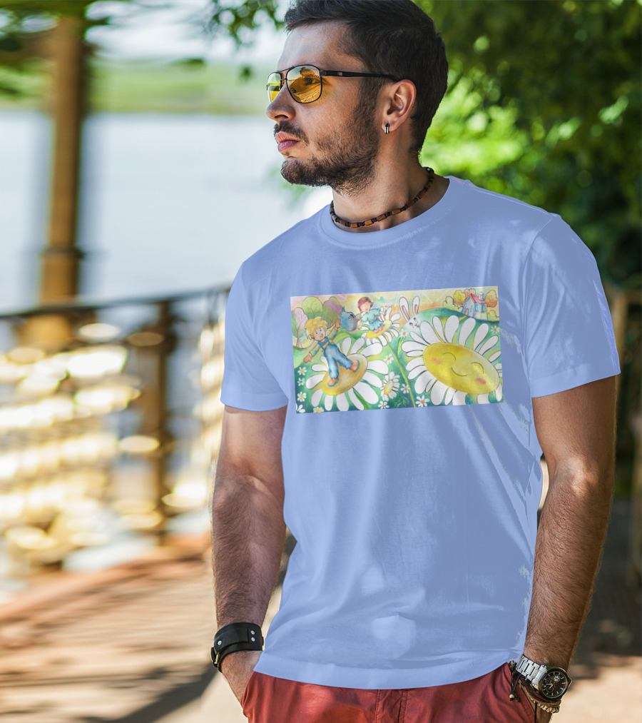 Lodo Happy Sunflower Meadows With Kids And Bunny In A Vibrant Landscape T-Shirt