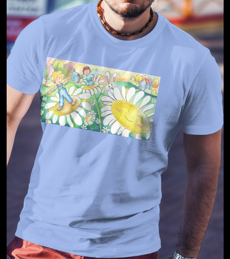 Lodo Happy Sunflower Meadows With Kids And Bunny In A Vibrant Landscape T-Shirt