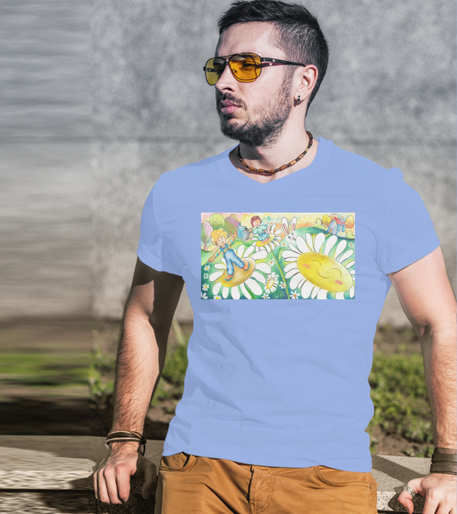 Lodo Happy Sunflower Meadows With Kids And Bunny In A Vibrant Landscape T-Shirt