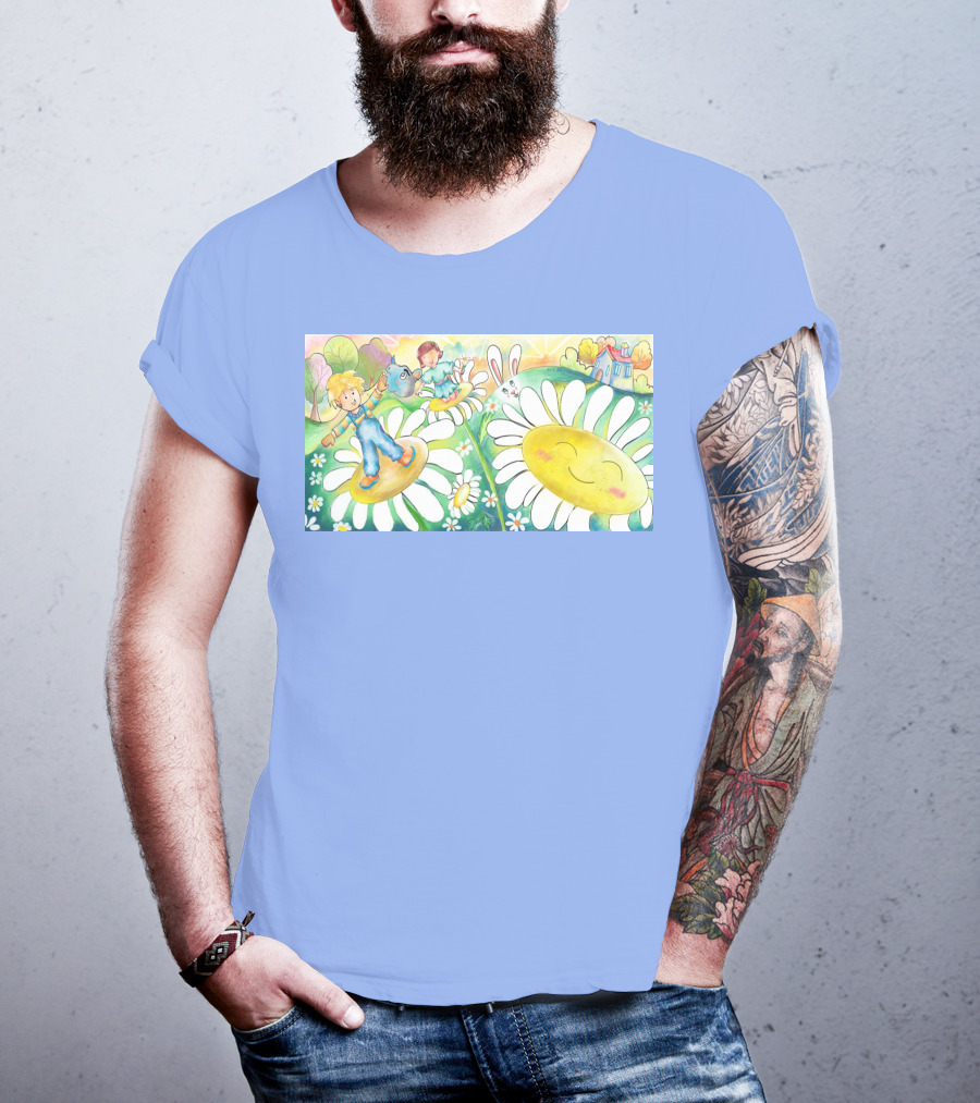 Lodo Happy Sunflower Meadows With Kids And Bunny In A Vibrant Landscape T-Shirt