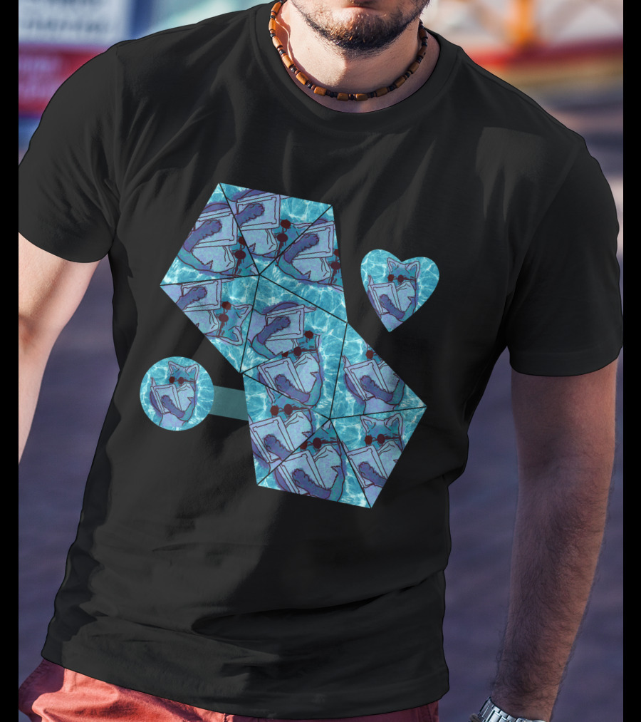 Cool Fox Reading In Blue Geometric T-Shirt