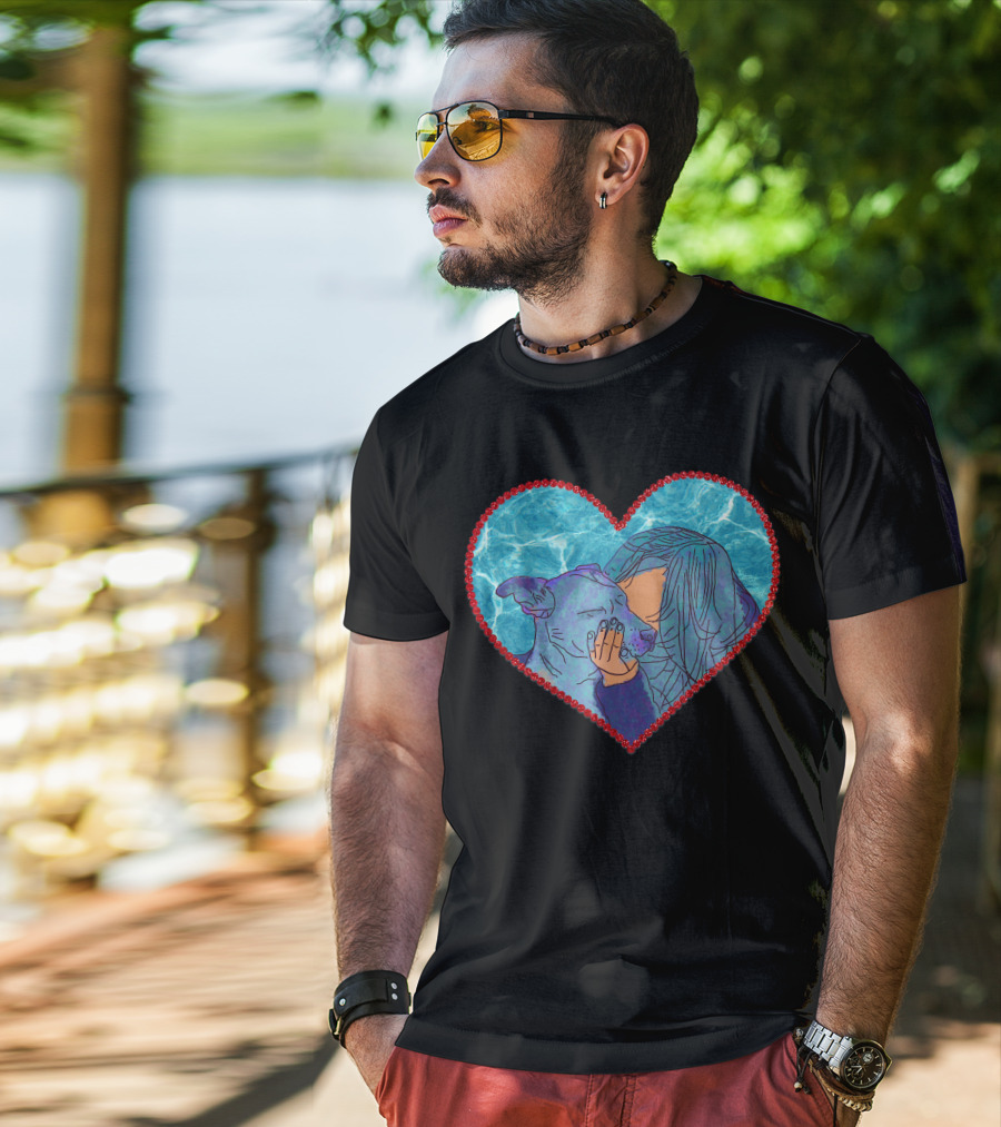 Adopt Don't Shop Heart Embrace Of Woman And Dog In Blue And Red Heart T-Shirt