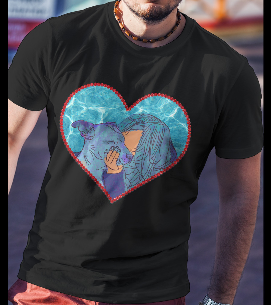 Adopt Don't Shop Heart Embrace Of Woman And Dog In Blue And Red Heart T-Shirt