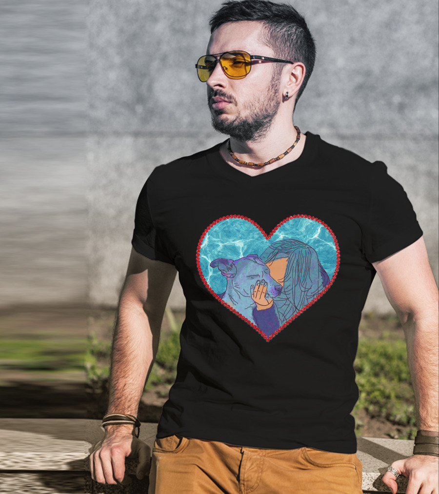 Adopt Don't Shop Heart Embrace Of Woman And Dog In Blue And Red Heart T-Shirt