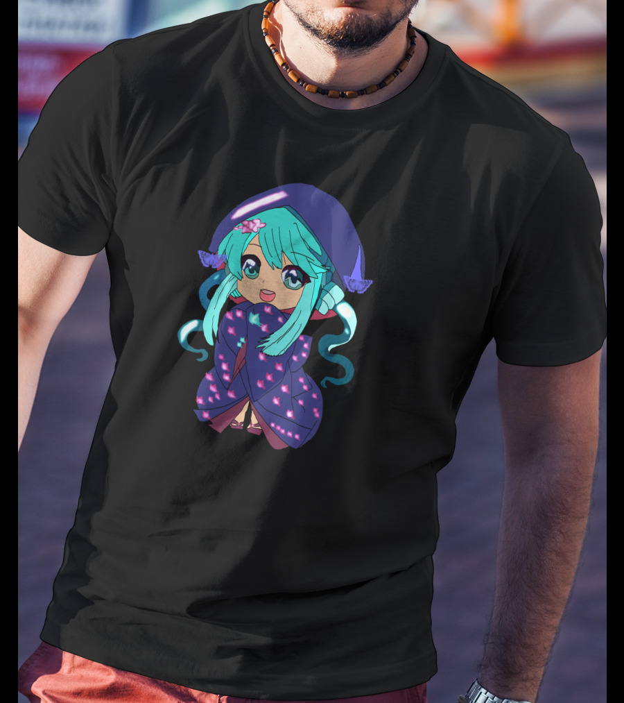 Chibi Girl Wrapped In Star-Patterned Blanket With Blue Hair And Pink Bow T-Shirt