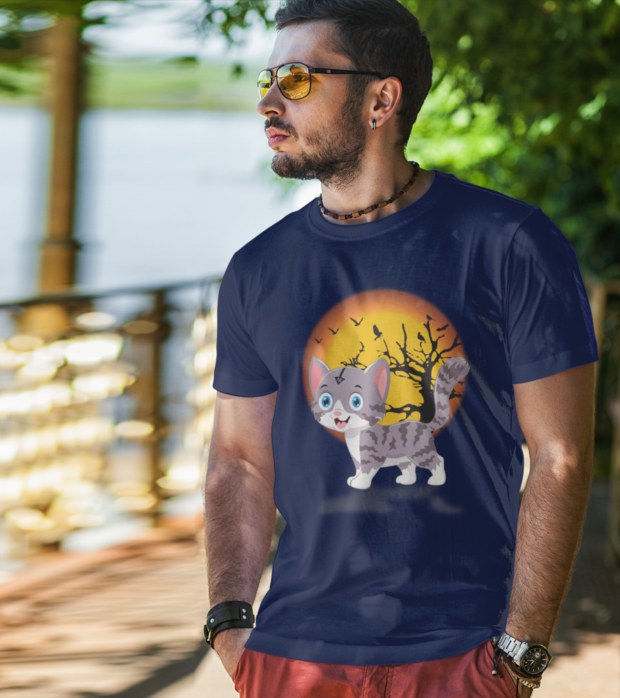 Cute Kittens Halloween Night Moonlit Landscape T-Shirt