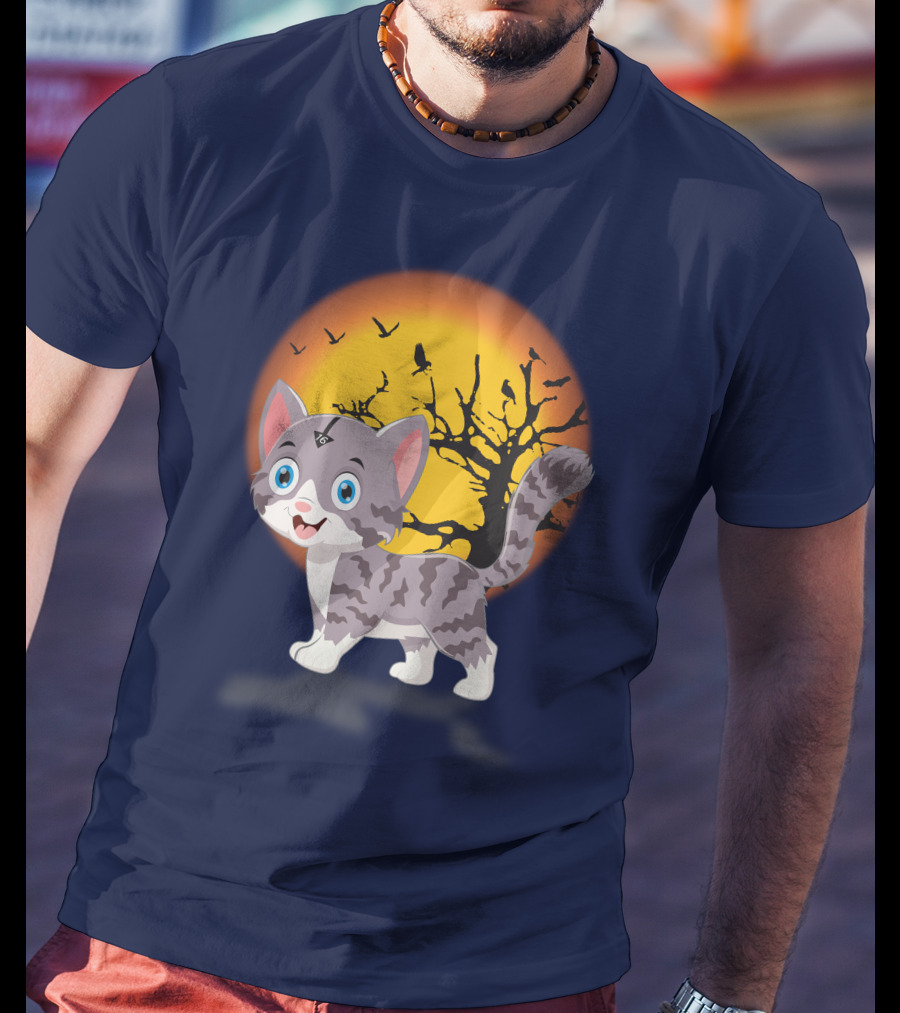 Cute Kittens Halloween Night Moonlit Landscape T-Shirt