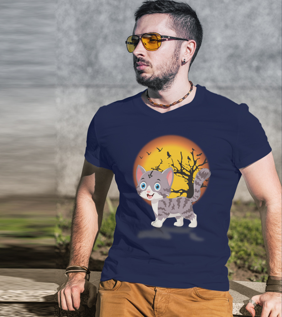 Cute Kittens Halloween Night Moonlit Landscape T-Shirt