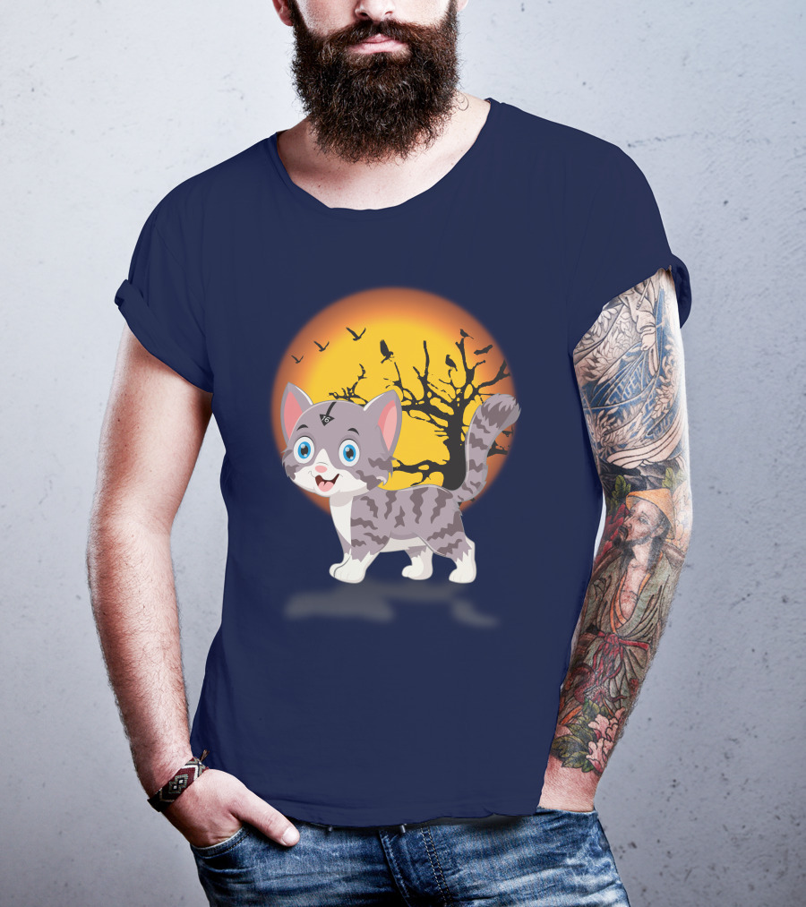 Cute Kittens Halloween Night Moonlit Landscape T-Shirt