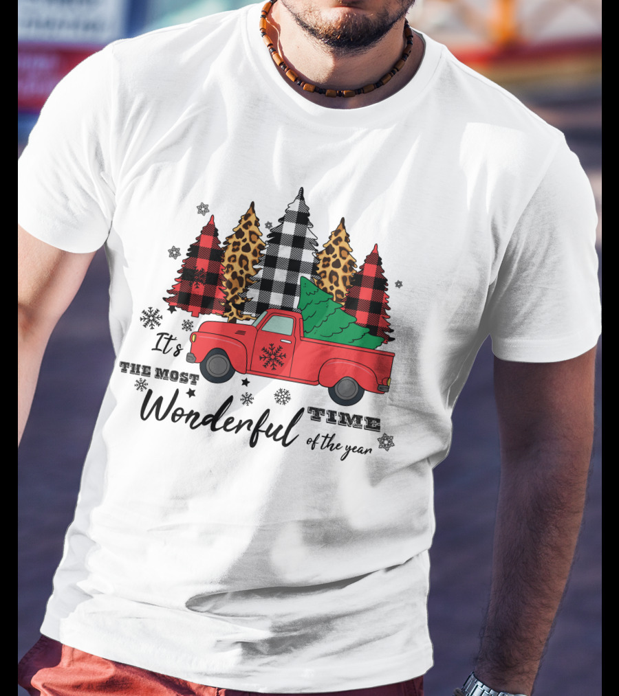 It's The Most Wonderful Time Of The Year Plaid And Leopard Pine Trees Red Truck T-Shirt