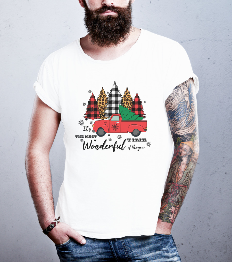 It's The Most Wonderful Time Of The Year Plaid And Leopard Pine Trees Red Truck T-Shirt