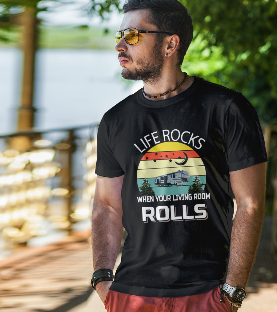 Life Rocks When Your Living Room Rolls Volante RV Vintage Sunset Camping T-Shirt
