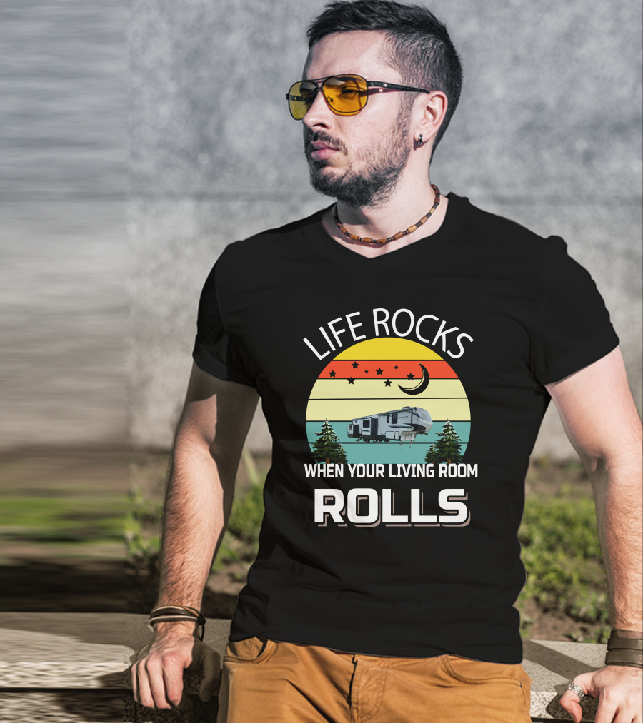 Life Rocks When Your Living Room Rolls Volante RV Vintage Sunset Camping T-Shirt