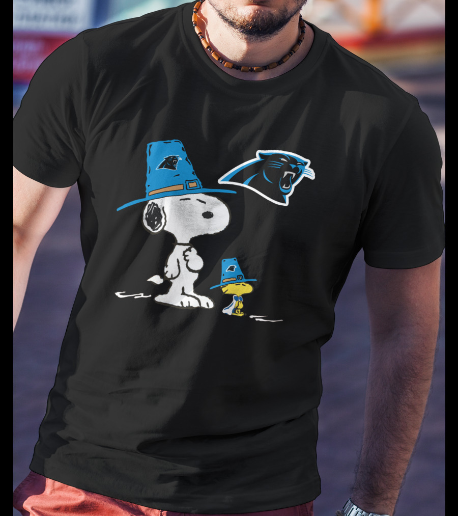 Carolina Panthers Snoopy Thanksgiving Pilgrim Hat Peanuts T-Shirt