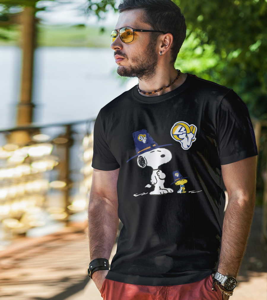 Snoopy And Woodstock In Rams Hats With Rams T-Shirt