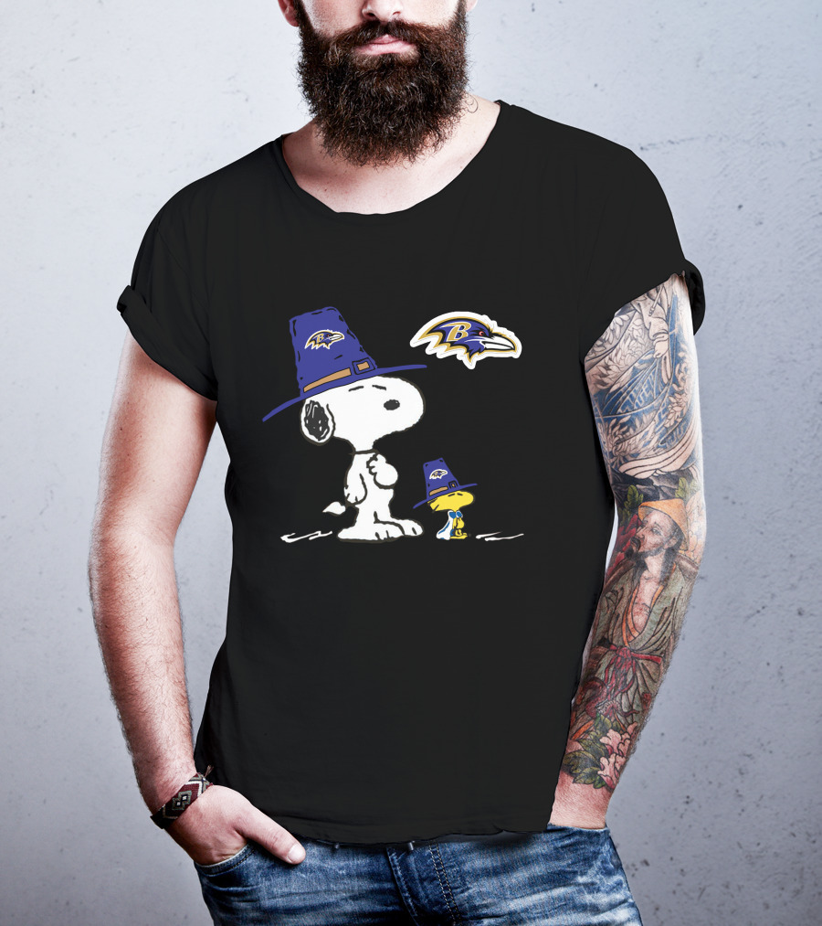 Baltimore Ravens Snoopy And Woodstock Thanksgiving Nfl T-Shirt