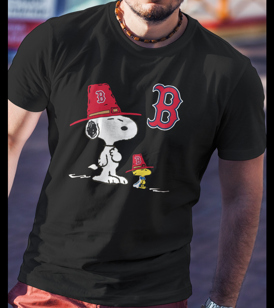 Boston Red Sox Snoopy Woodstock Wearing Team Hats T-Shirt