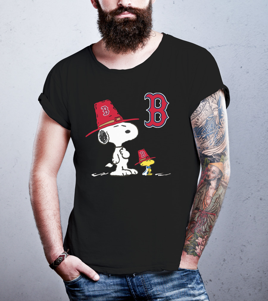 Boston Red Sox Snoopy Woodstock Wearing Team Hats T-Shirt
